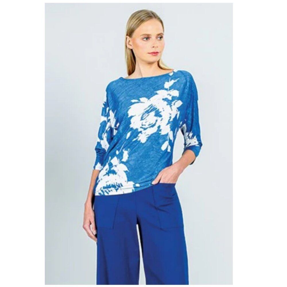 Clara Sunwoo Crush Silky Knit - Half & Half Sleeve Top Dreamy Floral-Blue Large